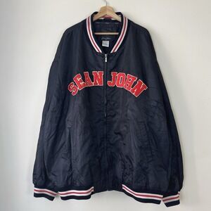 Vintage Sean John Black Satin Snap Varsity Stitched Letter Bomber Jacket - 5XL